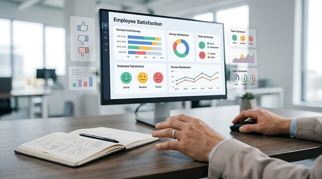 Business executive monitoring employee satisfaction data on computer screen at office desk.