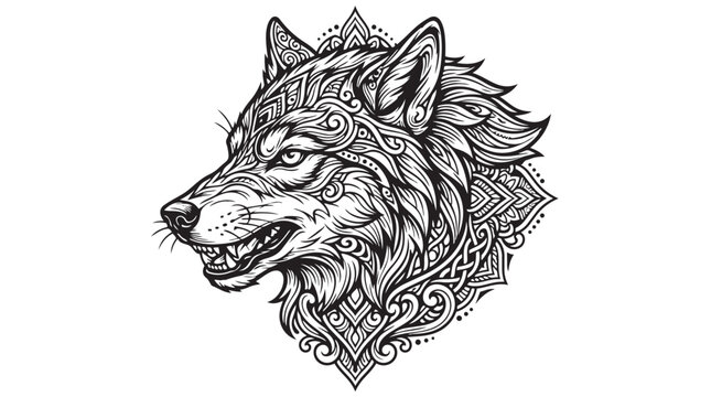 Intricate ornamental wolf head illustration with floral patterns ornamental illustration detailed