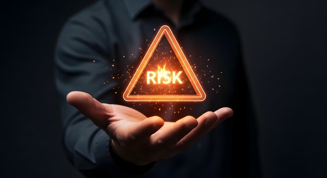 Man holding glowing risk warning triangle with fire sparks
