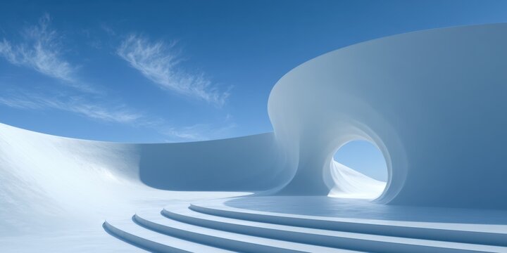 Modern architectural structure with smooth white curves and steps leading to an open circular entrance against a clear blue sky