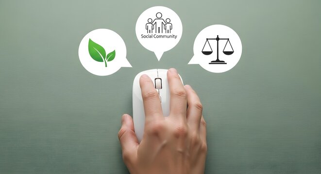 Hand using computer mouse with social community, environment, and justice icons