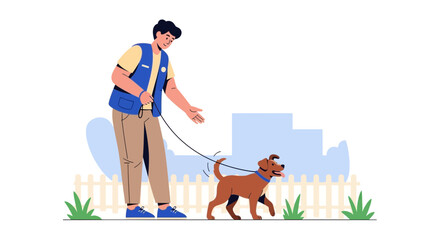 Fototapeta premium Man walking dog on leash in park, urban background, pet care, outdoor activity