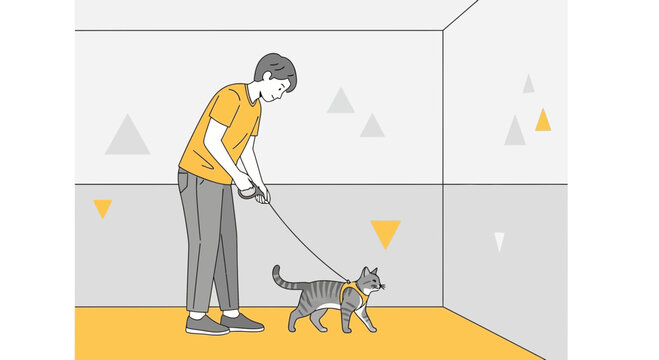 Man walking cat on leash in minimalist room with geometric patterns