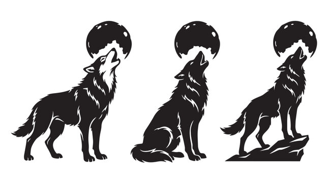 Set of black silhouettes featuring wolves howling at the moon silhouette predator illustration