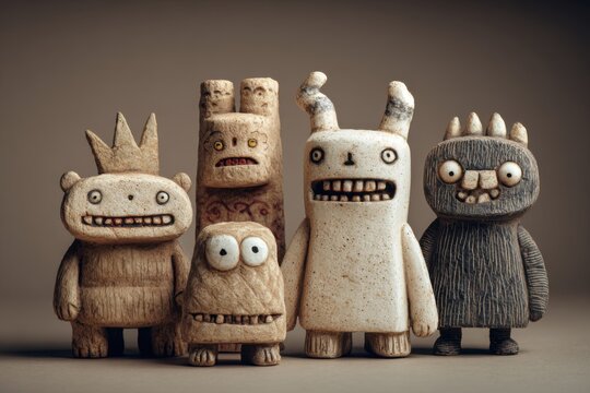 Odd clay figures are presented with exaggerated and distorted proportions emphasizing surreal handmade character design