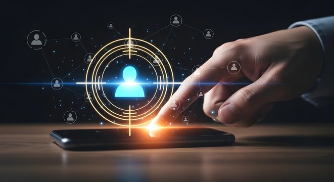 Hand touching smartphone screen with glowing target icon and network connections