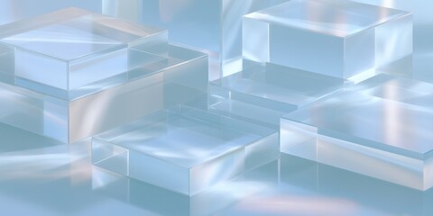 Obraz premium Transparent glass blocks arranged in various sizes and orientations on a reflective surface with soft blue lighting creating a serene and modern aesthetic