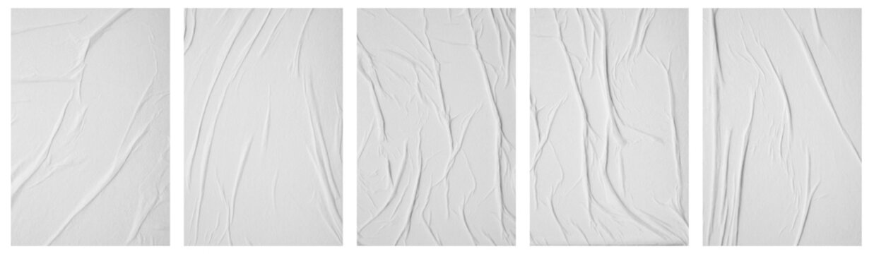 Blank white crumpled and creased paper poster texture set isolated on white background