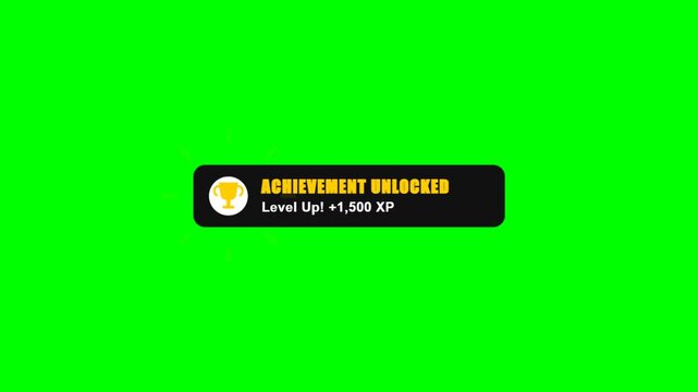 Achievement Unlocked Level Up Gaming Notification on Green Screen Background.