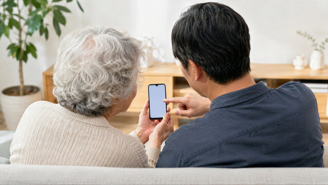 Adult son helping senior mother with smartphone usage. Man teaching elderly woman how to use mobile app. Caring child supporting aging parent with digital technology at home. Family love.