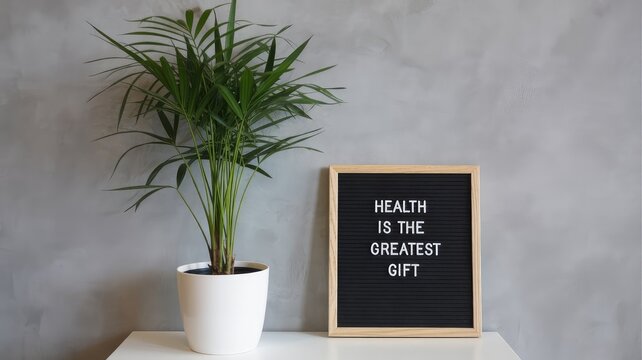 Vibrant green parlor palm plant sits beside a wooden letter board displaying an inspirational quote about health and great gifts