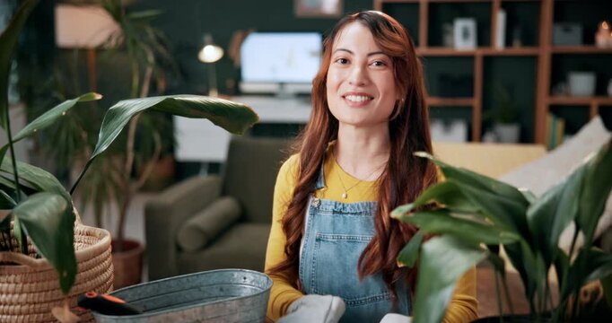 Live stream, plant and face of woman with book for advice, gardening tips and how to in home. Influencer, content creator and pov portrait of person with guide for hobby, botany and social media