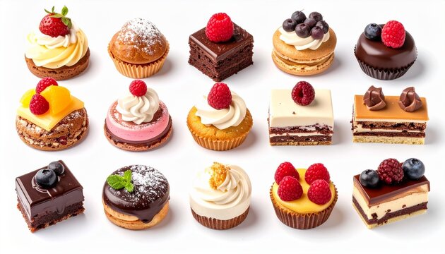 Collection of colorful patisserie petit fours with fresh berries