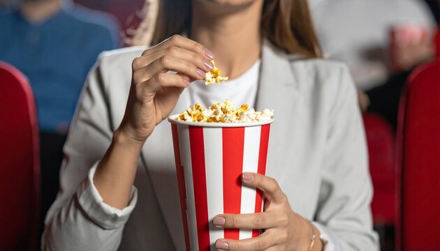 Woman Holding Striped Popcorn Bucket in Movie Theater
