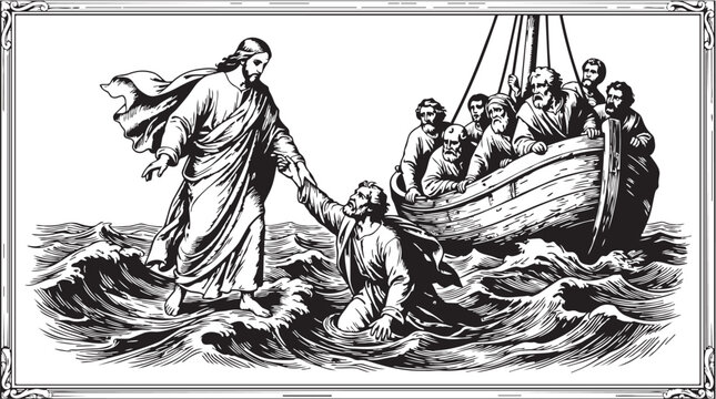 Vintage biblical illustration of jesus walking on water saving peter with christian, religion