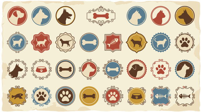 A collection of various dog-themed icons and logos on a beige background