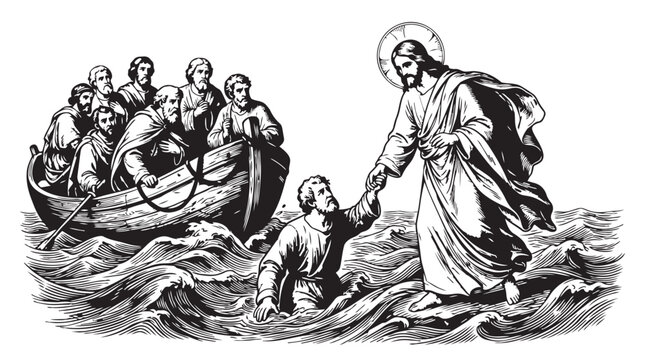 Jesus christ walking on water saving peter vintage religious graphic with religion, christianity