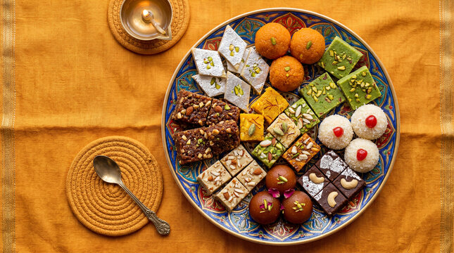 Assorted traditional Indian sweets mithai on decorative plate with oil lamp for Diwali festival flat lay
