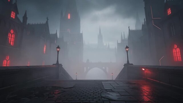 Foggy gothic city street with towering spires and glowing red windows at night