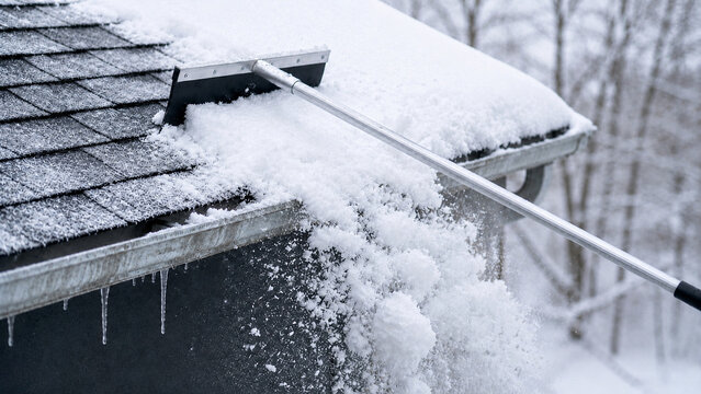 Clearing snow from a house roof with a roof rake. Winter home maintenance to prevent ice dams. Close up of snow sliding off shingles over a gutter with icicles