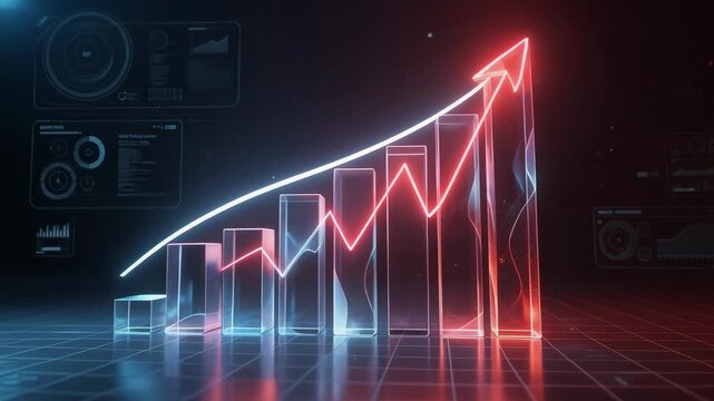 Futuristic 3D transparent bar graph with glowing red and blue hues illustrating dynamic data visualization