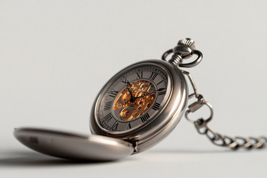 Antique pocket watch silver case open face mechanical movement Roman numeral chain accessory isolated background elegant close up vintage style