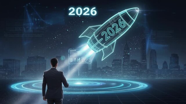 Futuristic businessman launching glowing holographic rocket 2026 digital innovation technology concept