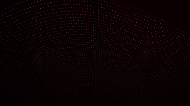 Abstract minimalist background loop featuring a waving matrix of glowing red neon dotted particle lines flowing over a dark backdrop. Perfect for modern technology presentation slides