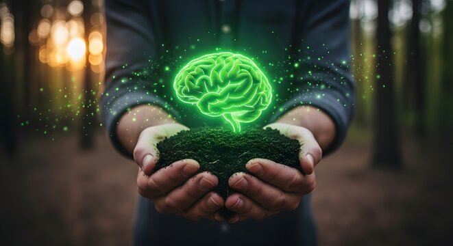 Hands holding soil with glowing green brain emerging in forest