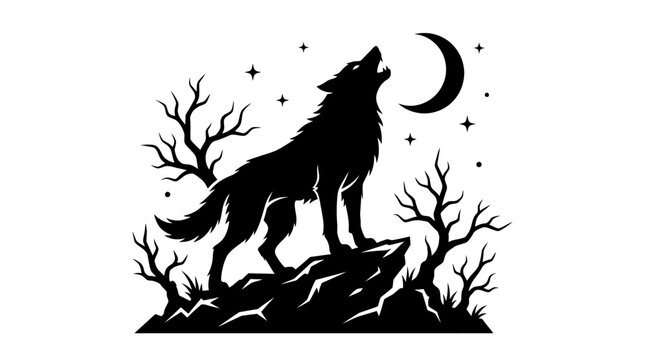 Werewolf Howling at Moon Halloween Silhouette