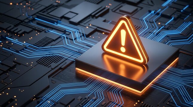 Cybersecurity alert glowing on circuit board, depicting urgent data breach, system error, and network vulnerability for IT risk management.