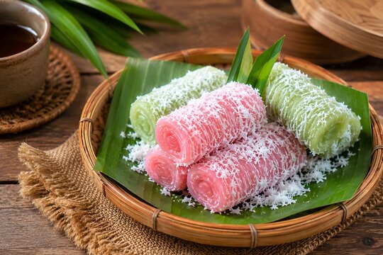Authentic Indonesian Gethuk Lindri Traditional Cassava Cake with Grated Coconut on Rustic Bamboo Tray