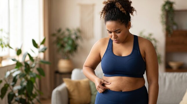 Upset plus-size African American woman in sportswear pinching belly fat at home, weight loss struggle and body image concept