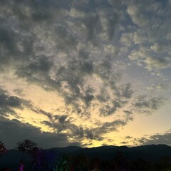 Naklejka premium Dramatic sunset sky with golden and lavender clouds over a mountain range silhouette and trees.