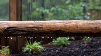 Fototapeta premium Wooden Fence Rainfall Water Droplets Timber Rustic Wet Nature Weather Moisture Countryside Closeup on Weathered Wood Structure During Rain with Natural Outdoor Atmosphere