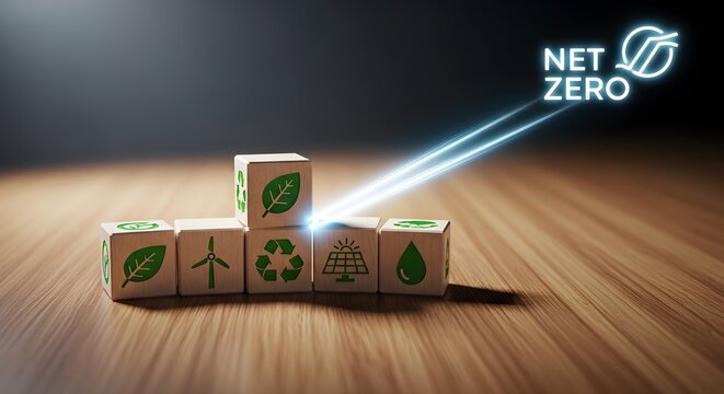 Net zero concept with environmental icons on wooden blocks