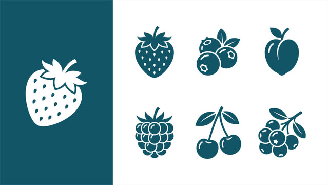 Minimalist vector berry icon set featuring flat designs of strawberry, blueberry, raspberry, cherry, and peach for branding and food menus.