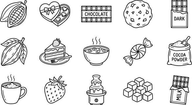 Chocolate and cocoa product linear icon set with sweet dessert candy cake bar and ingredients.
