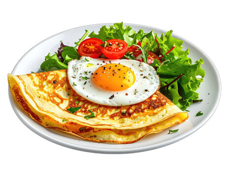 A delicious breakfast featuring a folded crepe topped with a sunny-side-up egg and a side of fresh salad.