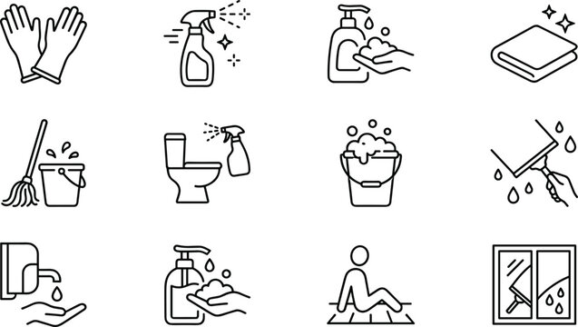 Cleaning and hygiene service linear icon set with household sanitation spray mop bucket and tools.