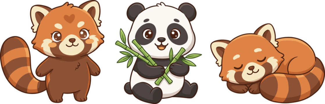 Cute cartoon giant panda and red panda characters set for wildlife nature vector illustration design