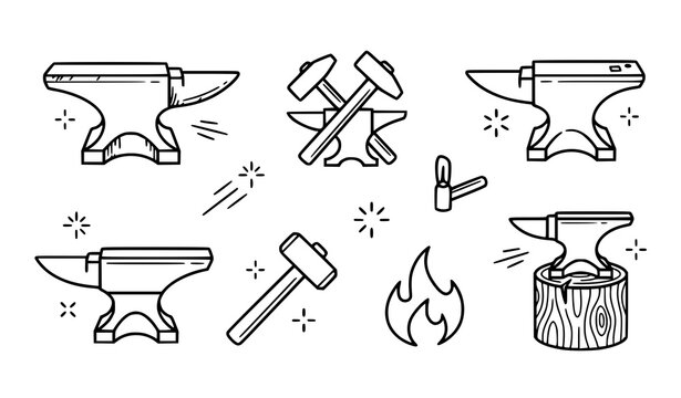 Blacksmith tools collection anvils hammers and forge elements line art