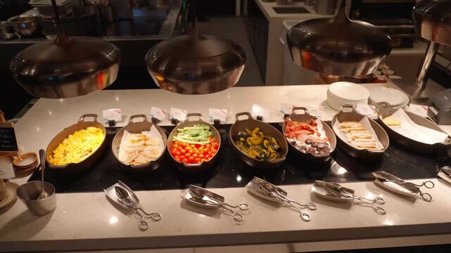 20250521_FX3 RONIN 6585 Luxury hotel breakfast buffet counter with various hot dishes under warming lamps