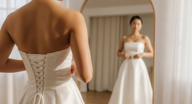 Asian woman wearing white strapless wedding dress, fitting in arched mirror, bridal elegance and anticipation in sunlit salon.