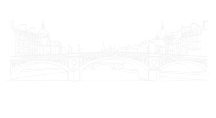 Fototapeta premium Parisian bridge sketch, outline of Pont Neuf and Seine river banks, minimalist architectural drawing.