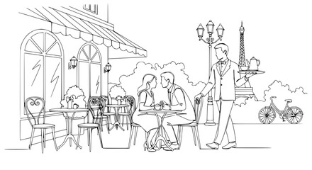 Obraz premium Romantic Couple at Parisian Cafe with Eiffel Tower View, Waiter Serving Drinks