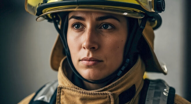 Female firefighter wearing rescue suit with protective helmet and gear, showcasing determination and resilience. Portrait of female firefighter reflecting strength, readiness for duty.