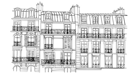 Naklejka premium Parisian Haussmannian Architecture Sketch: Elegant Buildings with Balconies and Mansard Roofs