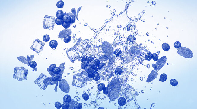 Blueberries and ice cubes water splash