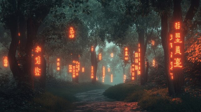 Mystical forest path illuminated by glowing red signs